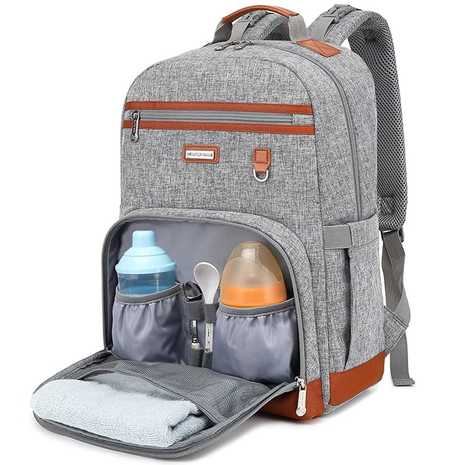 Diaper Bag Backpack, Large Baby Nappy Bags with Portable Changing Pad for Boys and GirlsMultifunction Travel Baby Bag for Moms Dads, Shower Gifts Waterproof and Stylish，Grey