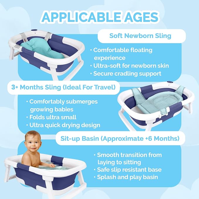 BEBELEH™ Collapsible Baby Bathtub – Bathtub + Baby tub Sling + Newborn Sling – Baby Bathtub Newborn to Toddler 0-24 Months – The Ultimate Travel Baby Bath Tub and Everyday Use! (Blue)