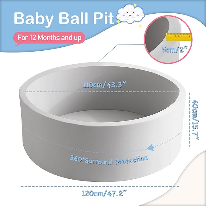 47.2" x 15.7" Foam Ball Pit for Toddlers, Baby Round Balls Pool for Babies 1-3, Kids Play Ball Pits for Boys and Girls, Balls Not Included, Grey