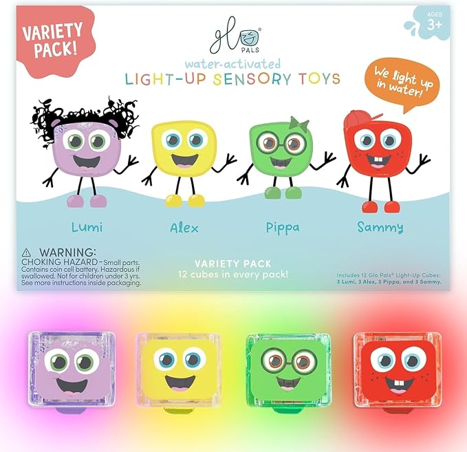 Glo Pals Water Activated Light-Up Sensory Bath Toy 12 Cube Variety Pack for Bathtime and Sensory Play, 12 Reusable Light-Up Cubes for Kids and Toddlers, Variety Pack