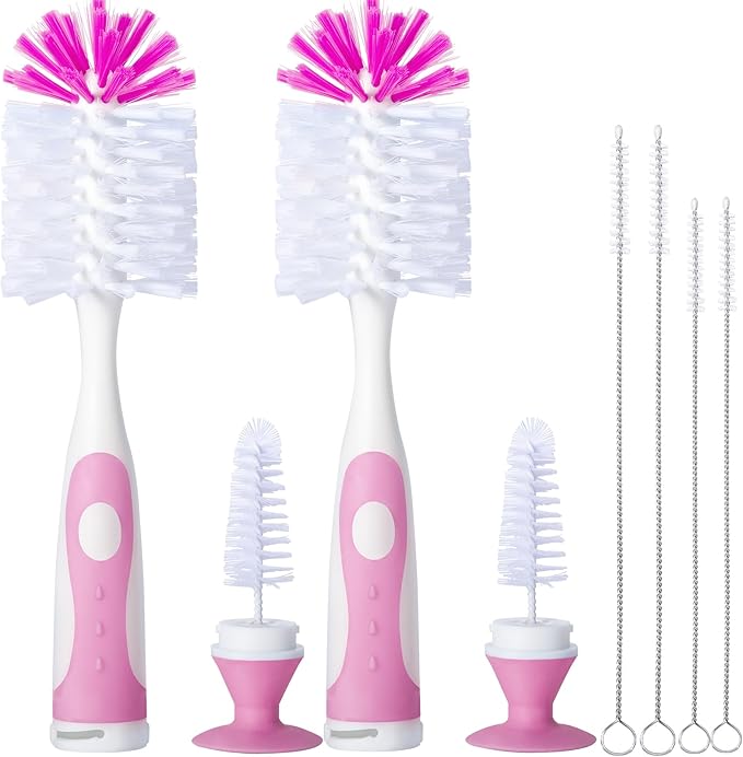 CAREBABYMORE 2 Pack Baby Bottle Brush with 4 Pack Straw Brushes, 10.2" Nylon Brushe with Nipple Cleaner and Stand Suction Cup, Pink