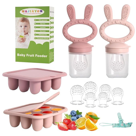 WAJIAYON Baby Breastmilk Popsicle Molds & Baby Fruit Feeder (4 Pack), Infant Food Freezer Tray Storage Containers, Silicone Teething Pacifier Feeder and Teether for Babies（Pink&Purple）