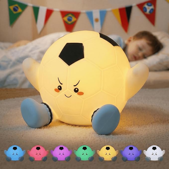 Soccer Night Light for Kids, Rechargeable Silicone Light Up Soccer Ball Lamp, 7-Color Tap Control Dimmable Bedside Nightlight, Cool Room Decor Stuff, Birthday Gifts for Boys 8-12 & Teens