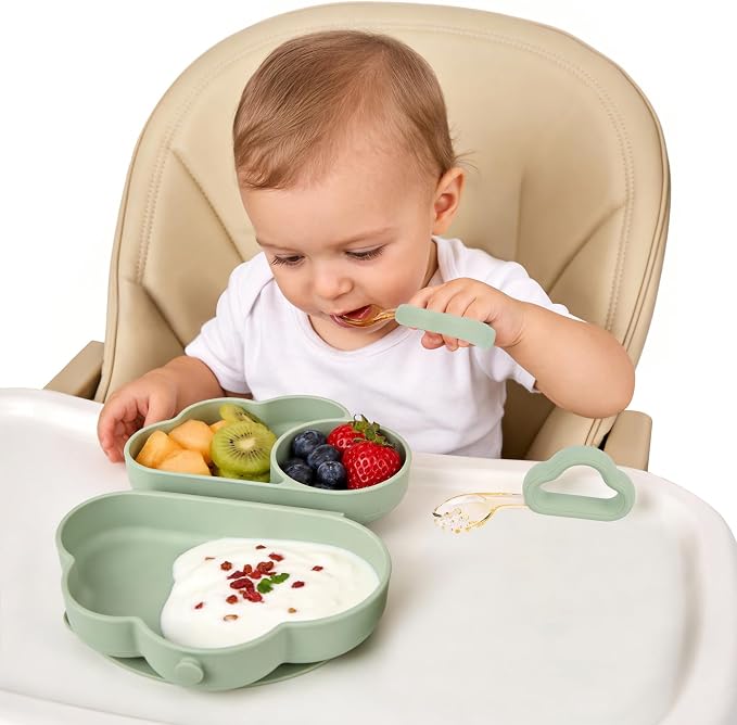 Bebamour Cloud Petal Suction Plate Set Divided Baby Silicone Utensils Tableware Set with Spoons and Forks (Green)