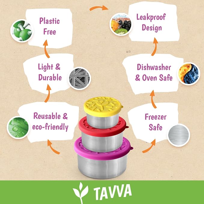 TAVVA Stainless Steel Snack Containers for Kids [12oz/ 7oz/ 3oz] - Leakproof with Silicone Lids, Lunch Box for Kids, Metal Lunchbox for School, Office, Home Food Storage, Dishwasher & Freezer Safe