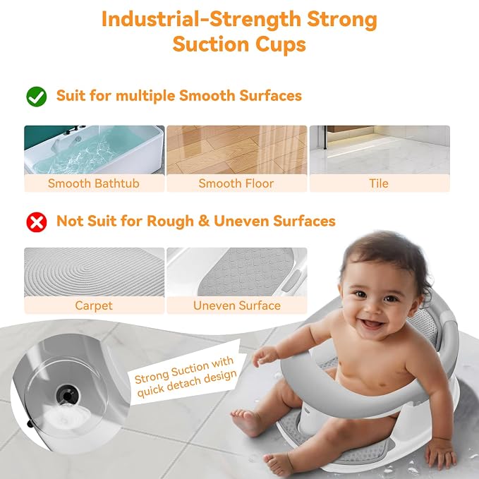 Baby Bath Seat for Babies 6 Months & Up - 360° Protection Baby Bath Chair with Temperature Alert & Cushion | Non-Slip Toddler Bathtub Seat | Newborn Infant Bath Tub Seats for Babies Sitting Up (Grey)