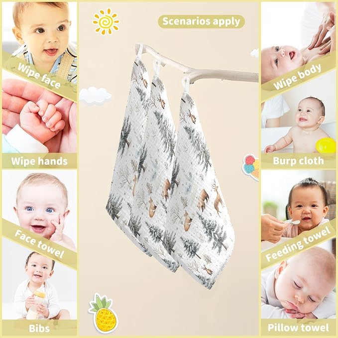 vvfelixl Baby Muslin Washcloths Winter Deer Bear Baby Burp Cloths Cotton Babys Face Towel for Infants Soft 11.8 X 11.8 in, 3 Pack