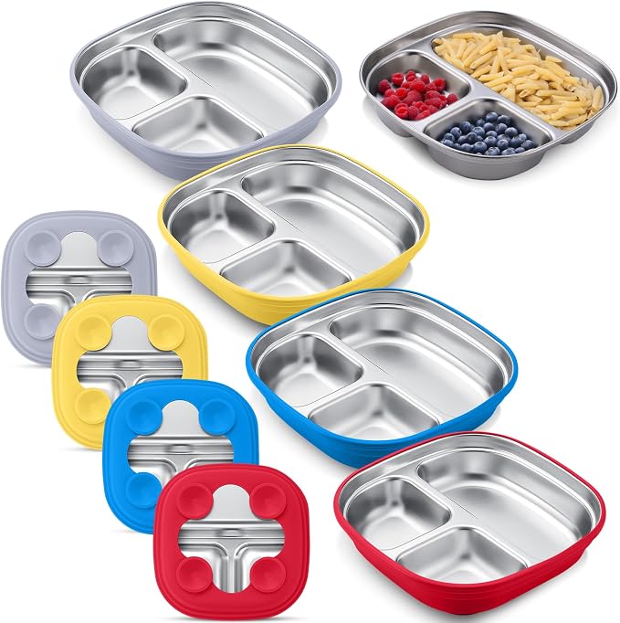 Geiserailie Square Stainless Steel Toddler Plates with Suction – 7.68” Divided Plates with Removable BPA-Free Silicone Sleeves, Unbreakable Baby Feeding Dishes Set of 4(Bright Colors)