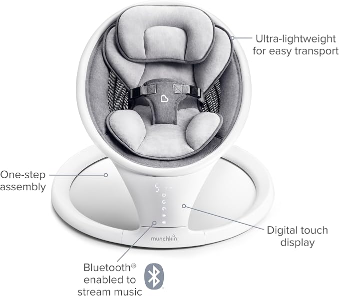 Munchkin Electric Baby Swing, Portable and Lightweight, Bluetooth Enabled Infant Rocker with Natural Sway in 5 Ranges of Motion, Newborn Nursery Essentials, White/Grey