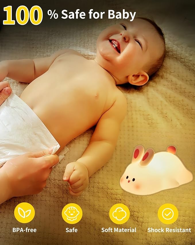 Big Face Rabbit Night Light for Kids, Squishy Silicone Bunny Lamp with Touch Control, 3 Brightness Levels, 30-Min Auto-Off Timer, Rechargeable Bedside Nursery Lamp