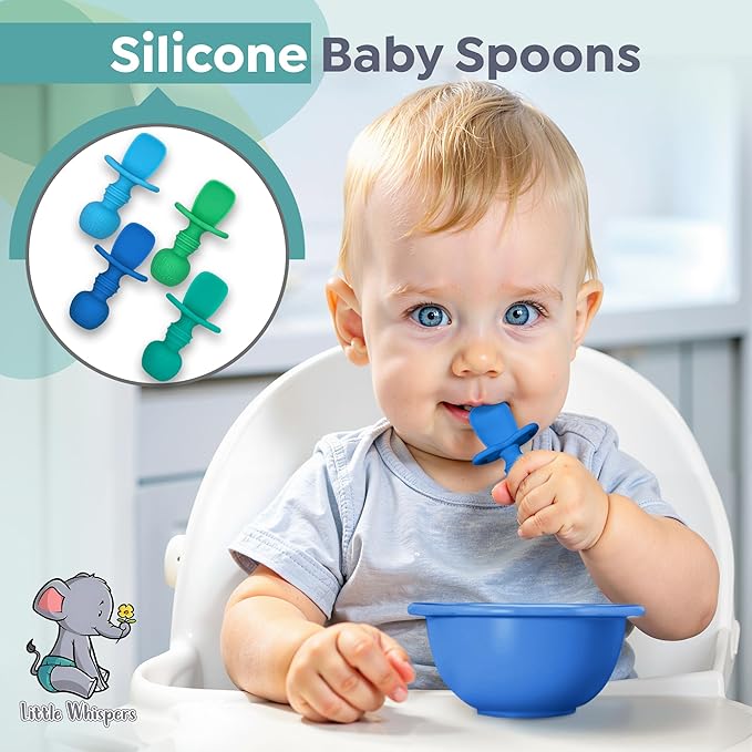 LittleWhispers Baby Silicone Spoons - Self Feeding 6 Months - Infant, Toddler, & Kid Friendly Utensils - First Stage, Baby Led Weaning - 4 Pack Utensil Set (Vibrant Blues)