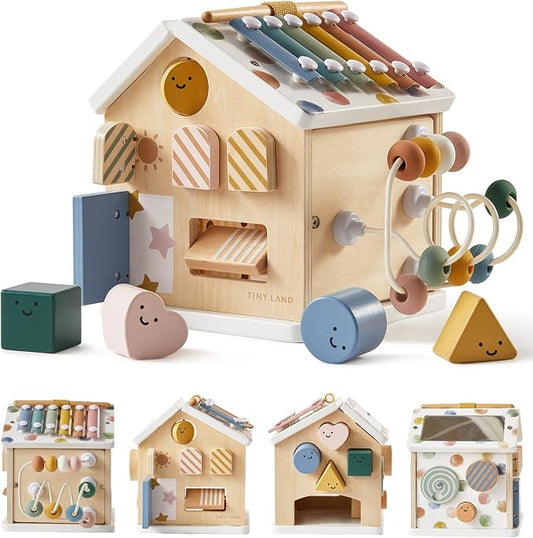 Tiny Land 9-in-1 Wooden Activity Cube, Montessori Baby Activity Center for 1+ Year Old, Educational Toy for Toddlers, Ideal Gift for Boys and Girls (Morandi)