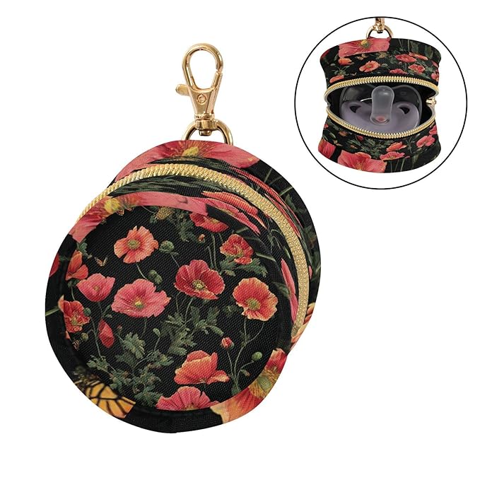 Pacifier Holder with Clip Pacifier Case for Diaper Bag Round Baby Pacifier Pouch Box Bag Portable Black Poppy Butterfly