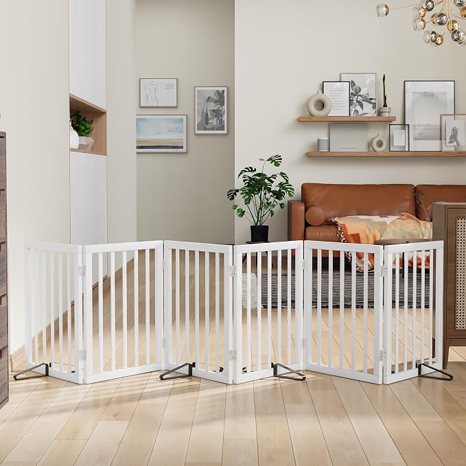 Dog Gates for Doorways Extra Wide 110inches (9ft), Wooden Freestanding Pet Gates for Dogs with 4 Support Stands, Foldable Gates for Dogs Indoor