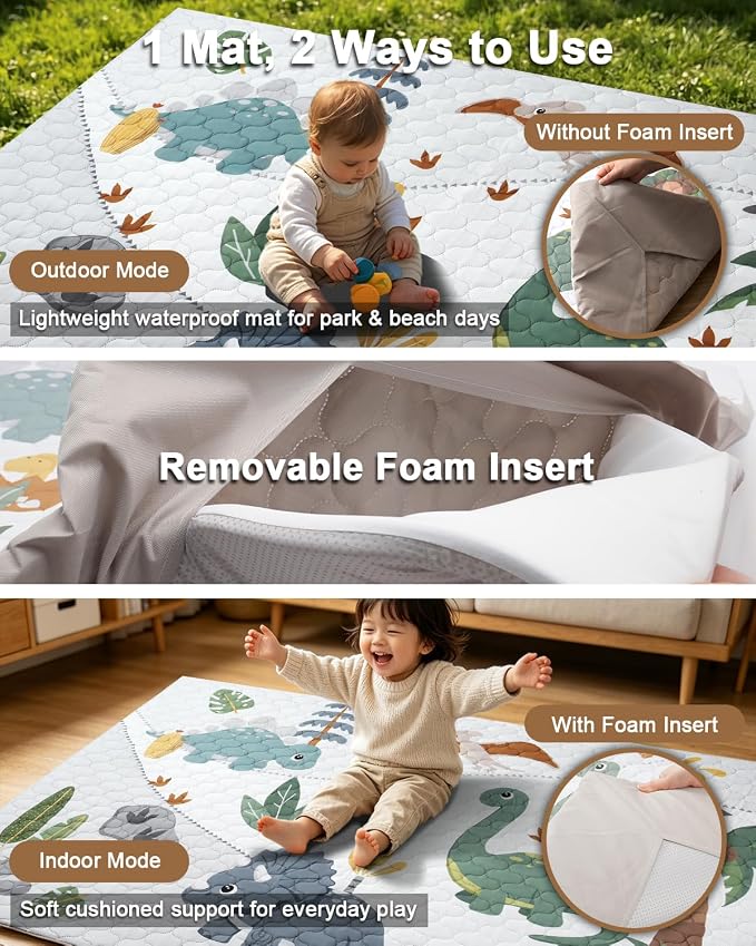 2-in-1 Baby Play Mat Indoor & Outdoor, 74x50in Thick Foam Playpen Mat with Waterproof Removable Cover, Non-Slip Soft Crawling Floor Mat for Infants, Toddlers, Travel, Picnic & Camping, Dinosaur