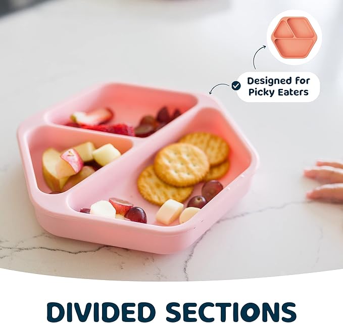 Tiny Twinkle Silicone Suction Baby Plate, Suction Grip Divided Dish for First Foods and Self-Feeding Toddlers, Baby Led Weaning Supplies for Independent Eating (Rose Plate with Lid)