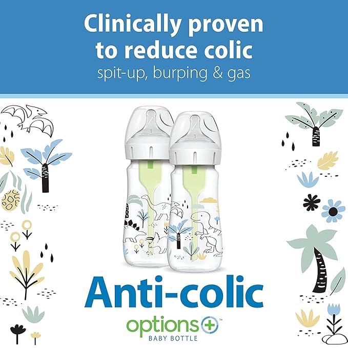 Dr. Brown's Anti-Colic Options + Wide-Neck Baby Bottle Designer Edition, Dino Decos, 9oz/270mL, Level 1 Nipple, 2-Pack, 0m+ with 6-Pack Level 2 Nipples