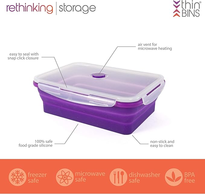 Kitchen Home Thin Bins Collapsible Containers ??Set of 2 Extra Large Rectangle Silicone Food Storage Containers ??BPA Free, Microwave, Dishwasher and Freezer Safe