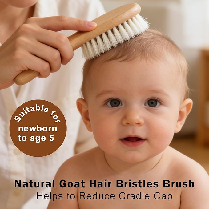 Baby Hair Brush Set for Newborns, Wooden Baby Brush & Comb - Toddler Cradle Cap Brush, Ultra Soft Goat Hair Bristles, Baby Grooming Kit for Baby Showers & Registries Gift Set