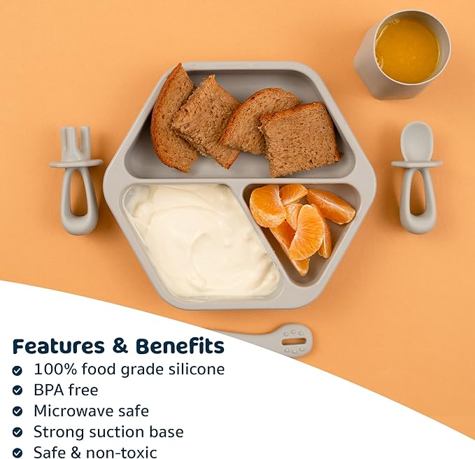Tiny Twinkle Silicone Suction Baby Plate, Suction Grip Divided Dish for First Foods and Self-Feeding Toddlers, Baby Led Weaning Supplies for Independent Eating (Grey Plate with Lid)
