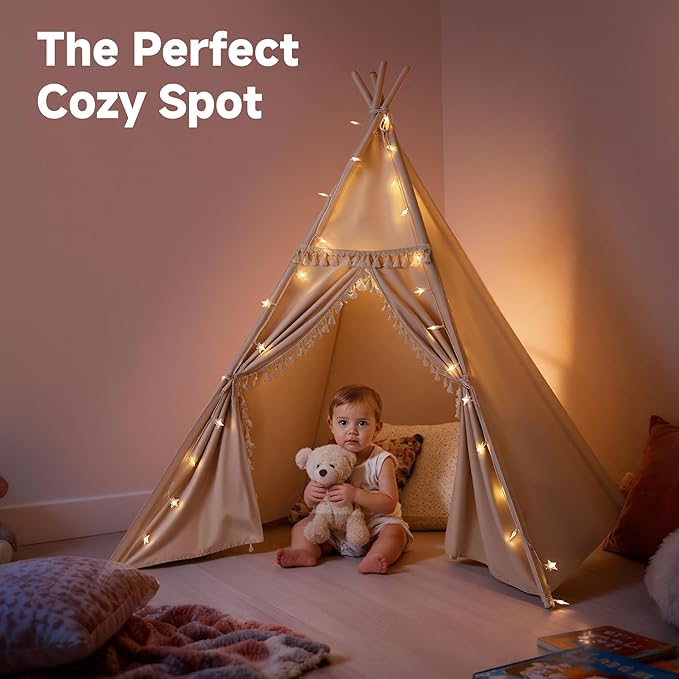 Sumbababy Kids Teepee Tent Indoor, Washable Cotton Canvas Play Tent with Tassel Trim, Foldable Toddler Tent for Girls & Boys Sleepover Party, Gift Set with Star Lights, Banner & Carry Bag, Khaki