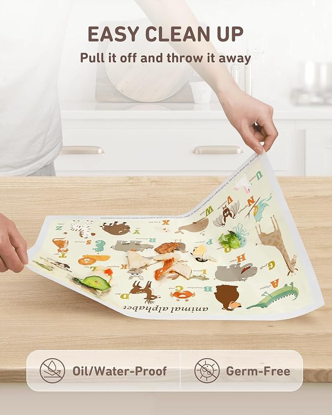 Babebay Disposable Stick-on Placemats 40 Pack for Baby & Kids & Toddler, Sticky Placemats Restaurant Table Mats 12" x 18" (Animal Alphabet)
