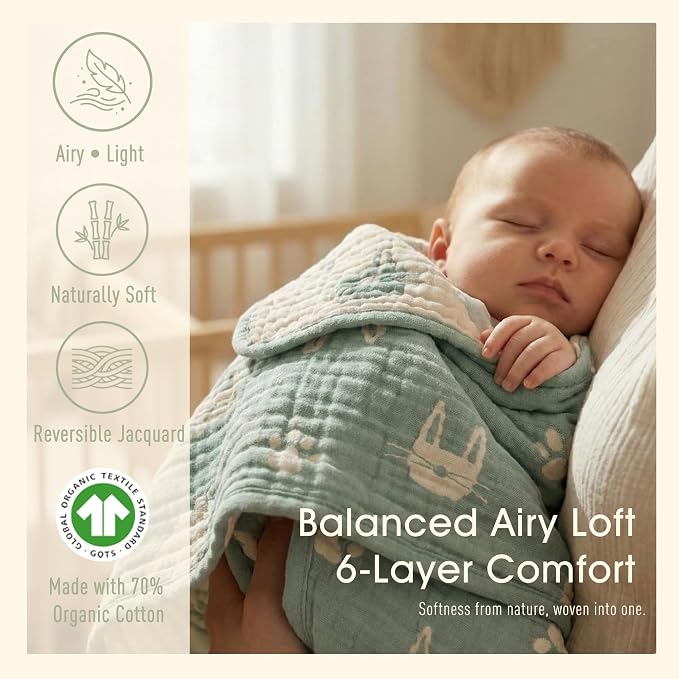 6-Layer Muslin Baby Blanket Made with Organic Cotton - Cute Bunny Rabbit Jacquard Swaddle & Crib Quilt, 43”x 43”,Sage Green Bunny