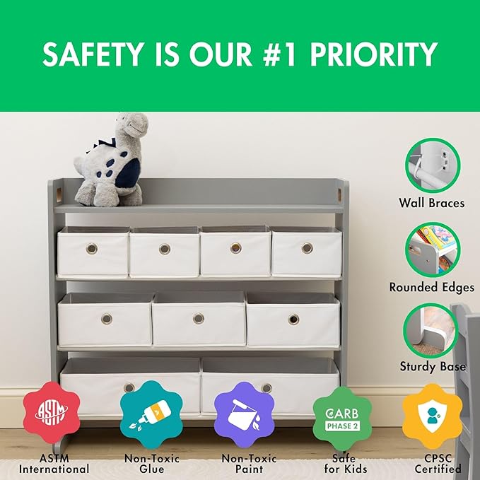 Humble Crew Toy Storage Organizer with Top Shelf and 9 Fabric Bins, Grey/White ??Toddler Bookshelf with Toy Organizer - Modern Toy Rack Ideal for Kids' Rooms, Playrooms, and Nurseries