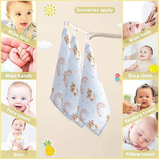 vvfelixl Baby Muslin Washcloths Corgi Hearts Rainbows Baby Burp Cloths Cotton Baby Face Towel for Newborn Infants Boys Girls Soft and Absorbent 11.8 X 11.8 in, 3 Pack