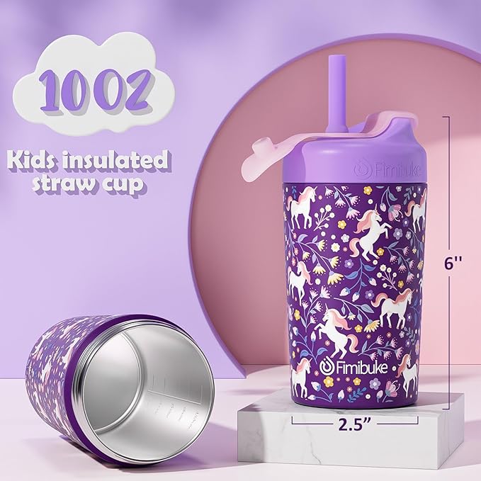 Fimibuke Kids & Toddler Cups, 10 OZ Spill Proof Straw Cups for Toddlers, Leak-Proof Kids Insulated Tumblers with Screw-On Lid & Silicone Straws with Stopper, Stainless Steel Sippy Cup for Girls Boys