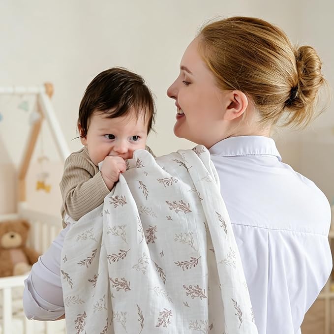POMISO Muslin Swaddle Blankets for Boys & Girls, Newborn Receiving Blankets, 4 Pack Soft Breathable Baby Swaddles, Large 47x47 Inches, Leaves & Warmth Colors