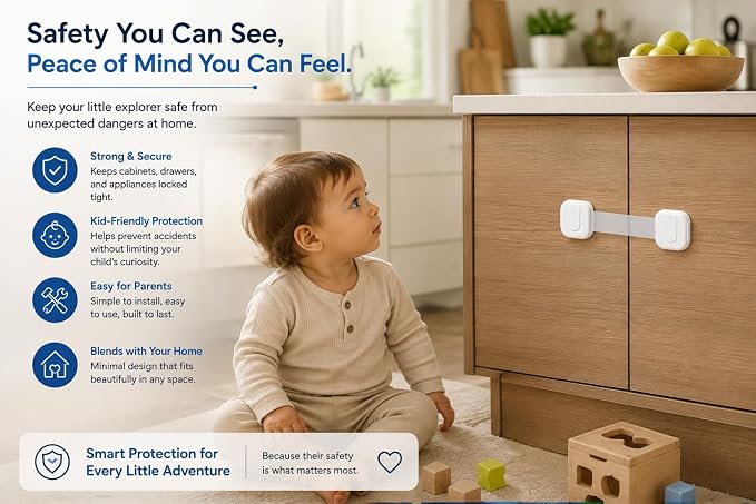 Baby Safety Locks for Cabinets & Drawers (10 Pack) – Child Proof Cabinet Locks with Strong 3M Adhesive, No Drill Safety Latches for Kitchen, Bathroom, Fridge & Cupboards
