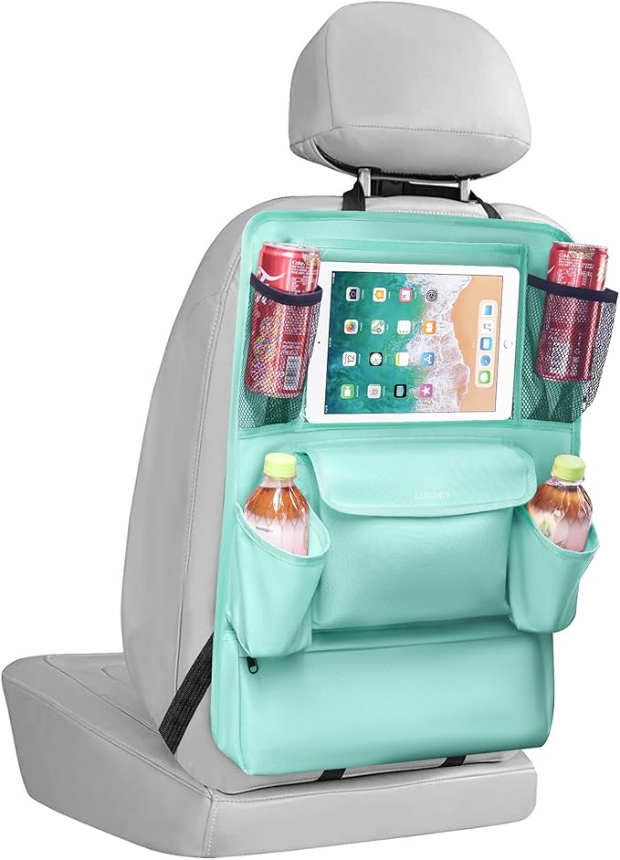 LUCMO Car Backseat Organizer with Touch Screen Tablet Holder,9 Storage Pockets Car Storage Organizer,Protectors Kick Mats Travel Accessories for Kids-Light Blue