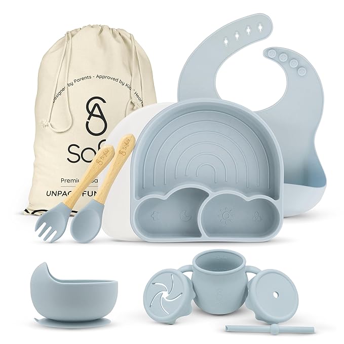 BPA-Free Non-Toxic Silicone Baby Feeding Set ??Suction Plate, Bowl, Bib & Cup ??11-Piece Baby Led Weaning Set for Ages 6-18 Months ??Eco Gift Bag (Dusty Blue)