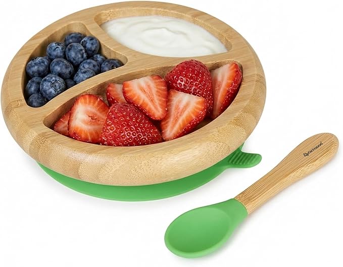 Abiie Octopod Bamboo Dish - Kids Plates for 4 months and up, 3-Compartment Baby Plates with Suction, Round Bamboo Baby Plate, Mess-Free Toddler Suction Plates, Baby Feeding Supplies, 7.5 x 7.5 x 1.9in