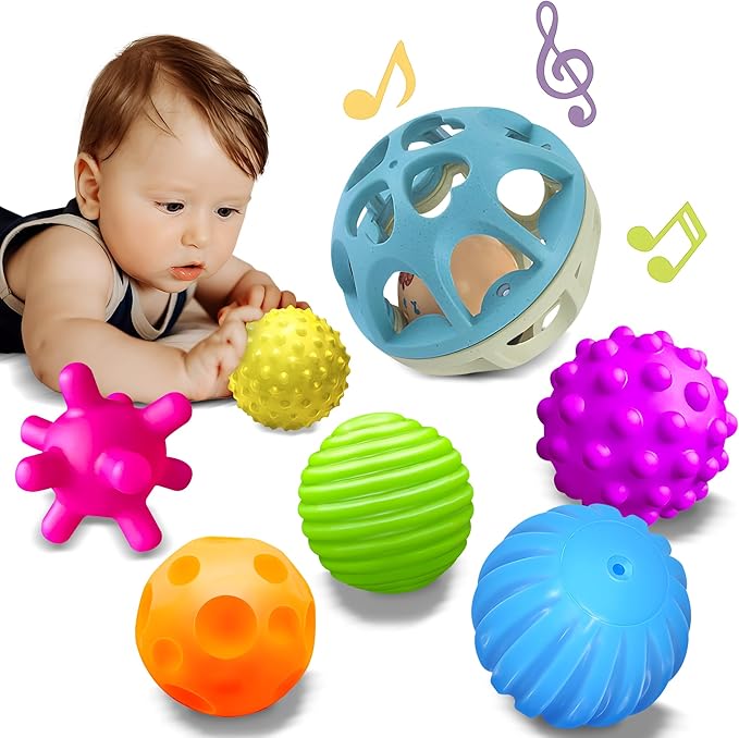Sensory Toys for Babies, Montessori Textured Baby Balls and Wheat Straw Rattle, Baby Toys for 6-12 Months, Ideal Newborn Gifts for Boys and Girls, Toddler Toys for 1-3