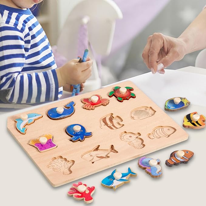 Vaveren Wooden Shapes Puzzle Shape Sorter Board Preschool Hand Eye Coordination Fine Motor Skill for Children Toddlers Birthday Gifts, Marine