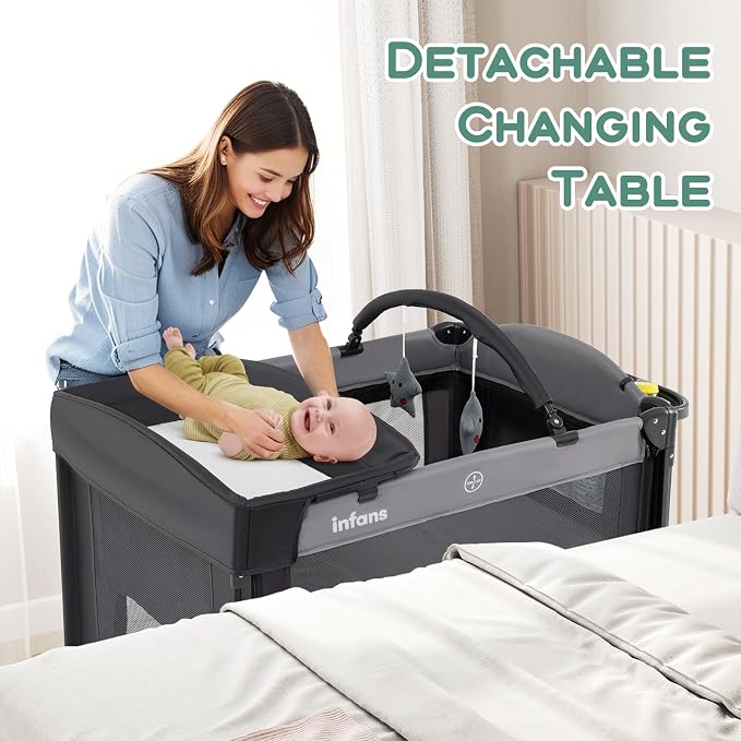 INFANS Baby Bassinet, 4 in 1 Pack and Play Baby Playard with Changing Table, Mosquito Net, Storage Basket, Travel Bag for Newborn 0-36 Months