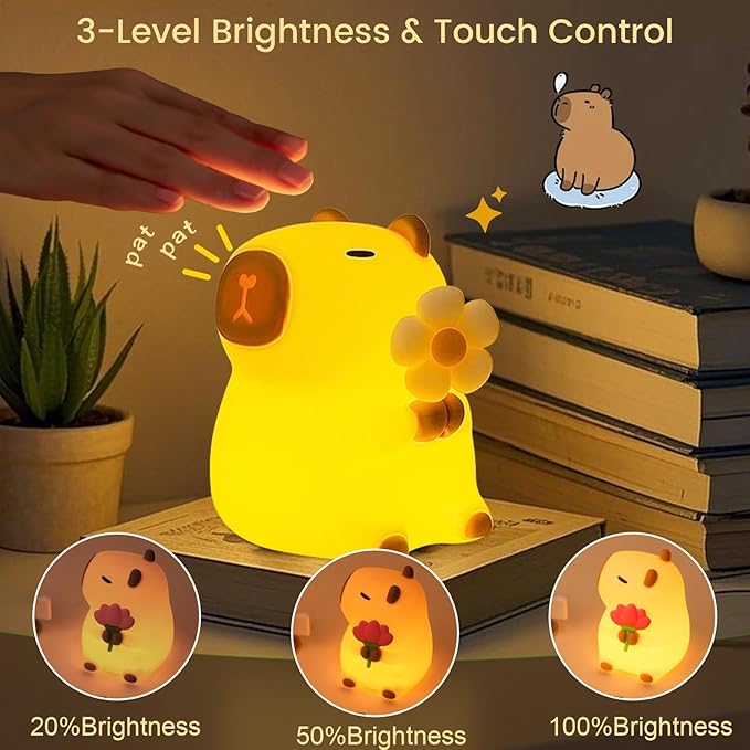 Capybara Night Light, Nursery Lamp, 7-Color RGB & 3-Level Dimmable WarmLight, Tap Control, 30Min Timer, 100% Safe &Soft Silicone, Adorable, Soothing Ambiance, Gift for Kids, Detachable Flower