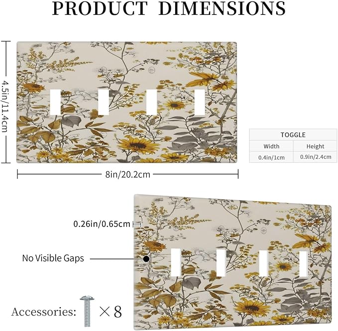 Boho Wildflowers Daisies Sunflowers Plant Floral Light Switch Covers Quad Toggle Electrical Faceplate 4 Gang Wall Plate Decorative Switch Plates Cover for Bedroom Living Room Decor