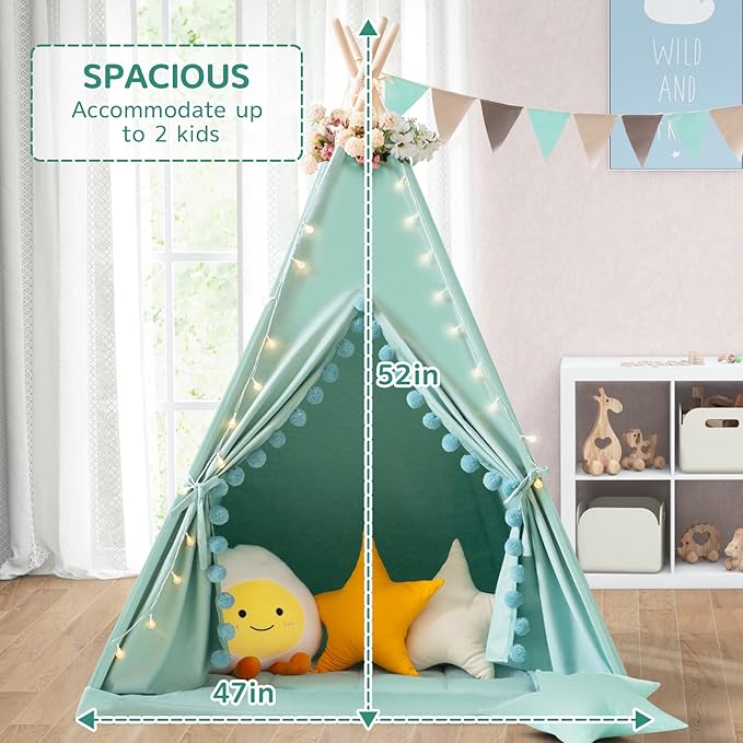 Teepee Tent for Kids with Padded Mat Cotton Canvas Kids Tent with Pompom for Toddlers Indoor Play Tent for Girls Boys with Stars Lights, Carry Bag, Banner Flag (Green)