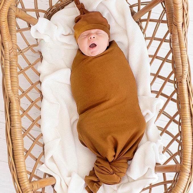 Cotton Knitted Baby Swaddle Blanket with Hat Headband Set Newborn Swaddle Wrap Receiving Blankets for Baby Girl Boy 45" x 45"(White)