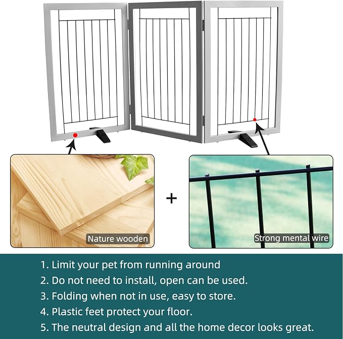 Dog Fence Indoor - 3-Panel Freestanding Dog Gate for Doorways, Hallways, House or Stairs -60x32-Inch Retractable Foldable Expandable Wood Pet by SFJC (Grey)