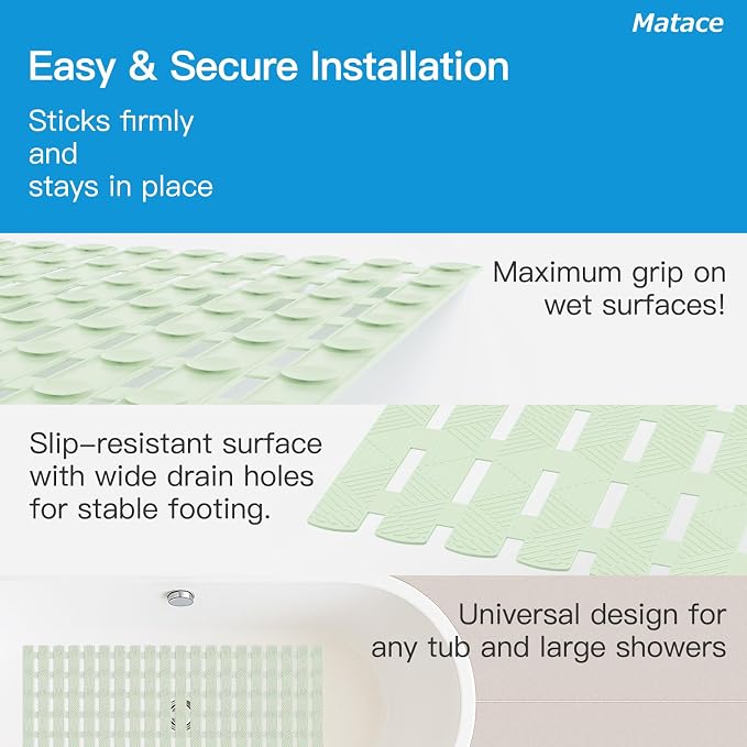 Bathtub Mat Non Slip - for Inside Bath Tub & Shower, Large 40x16 Inch, 261 Strong Suction Cups, Soft Textured Surface, Fast Drain & Quick Dry, Bathroom Safety Mat, Sage Green, Matace