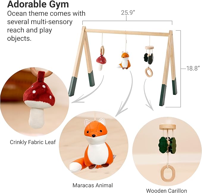 Little Big Friends Wooden Baby Activity Gym ??Montessori Play Gym for Babies | Encourages Motor Skills & Sensory Development | Includes Crinkle Fabrics, Wooden Chimes & Hanging Toys ??Forest