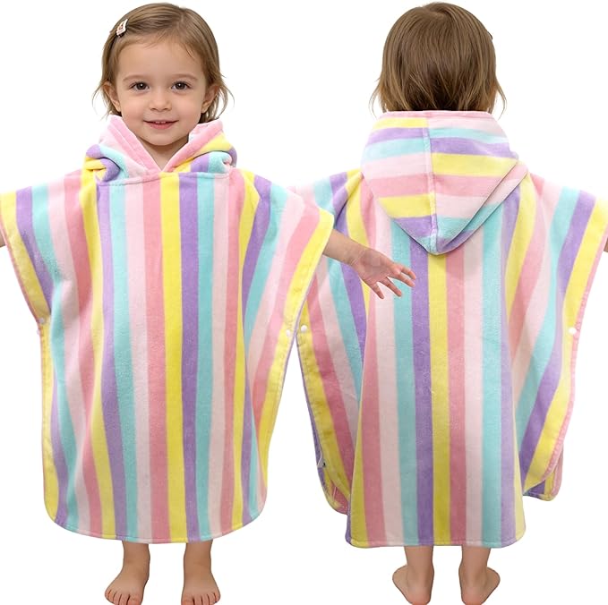 VOOVA & MOVAS Toddler Towel with Hood, 100% Cotton, Oversized (2-4Years,22"X22"),Absorbent Hooded Poncho Towel for Baby,Perfect for Pool | Swimming | Bath | Beach,Colorful Rainbow Stripe