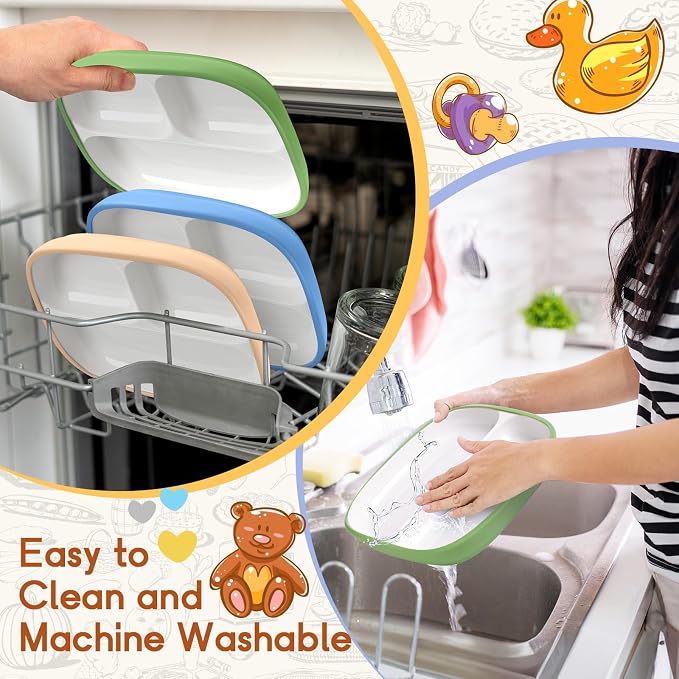 Domensi 3 Set Kids Porcelain Plates with Silicone Sleeves 8.2 Inch Divided Porcelain Plate Toddler White Suction Dishes for Baby Troubleless Eating Microwave Dishwasher Safe (Vivid)