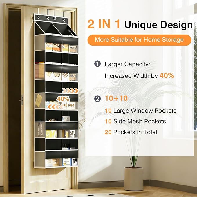Over the Door Organizer 5 Tiers, Extra Large Behind Door Storage of 10 Big Front 10 Mesh Pockets, 80 lbs Door Organizer Hanging Heavy Duty Over the Door Storag for Closet Bedroom Nursery Pantry Black