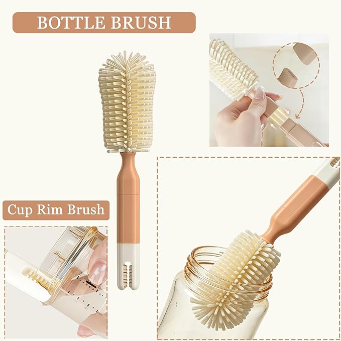 7-in-1 Travel Baby Bottle Brush Set, Silicone Cleaning Kit with Nipple & Straw Brush, Portable Storage Box -Baby Essentials for Home&Travel (Pomelo Orange)