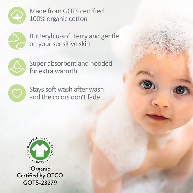 Butterblu Harper - 100% Organic Cotton Hooded Towels in Soft and Absorbent Baby Terry, 2-Pack, Leaf Frog, One Size